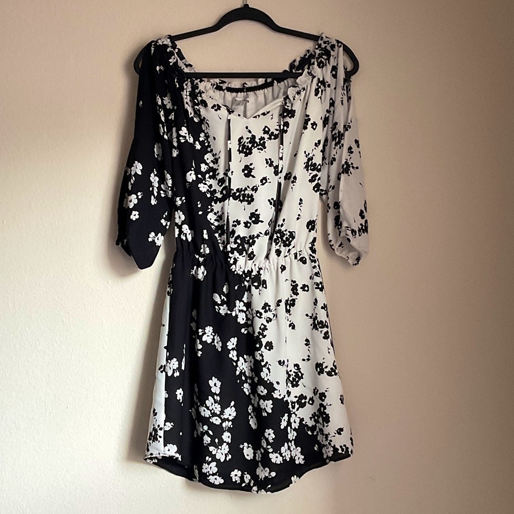 White House Black Market Floral Midi Cocktail Dress XXS Black and Off White WHBM